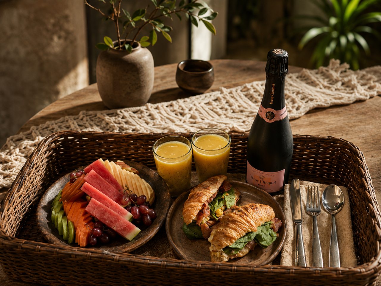 Breakfast tray with juices and fruit served in a garden