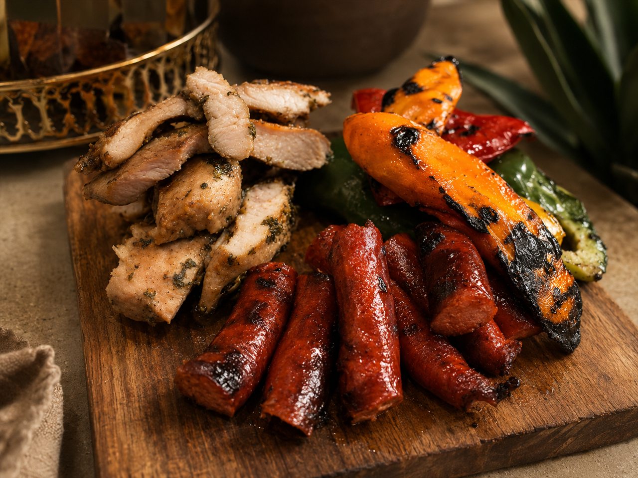 Grill board with cuts, sausages, and roasted vegetables