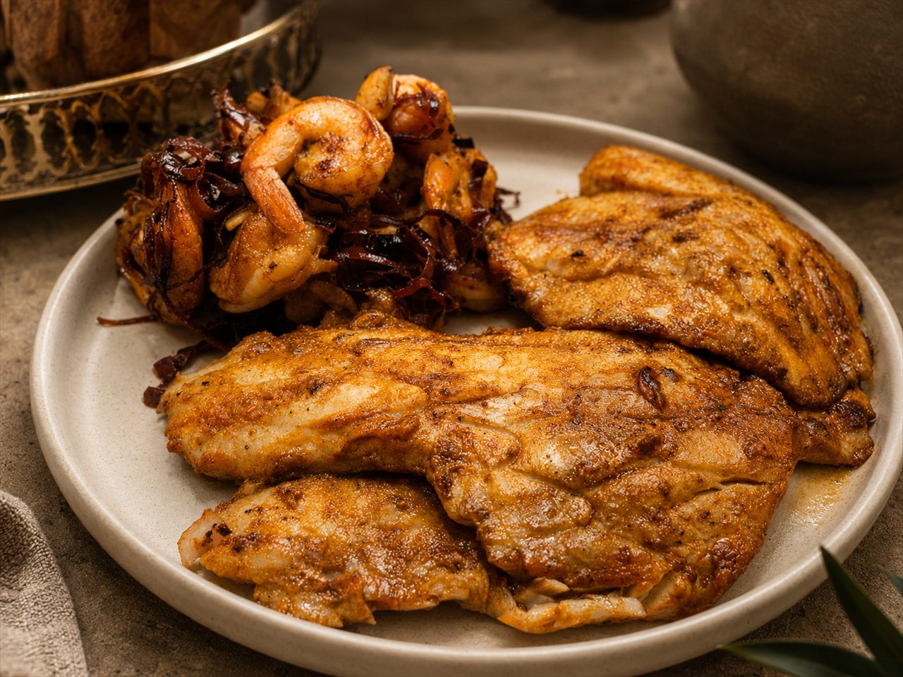 Fried chicken and fish served with plantain