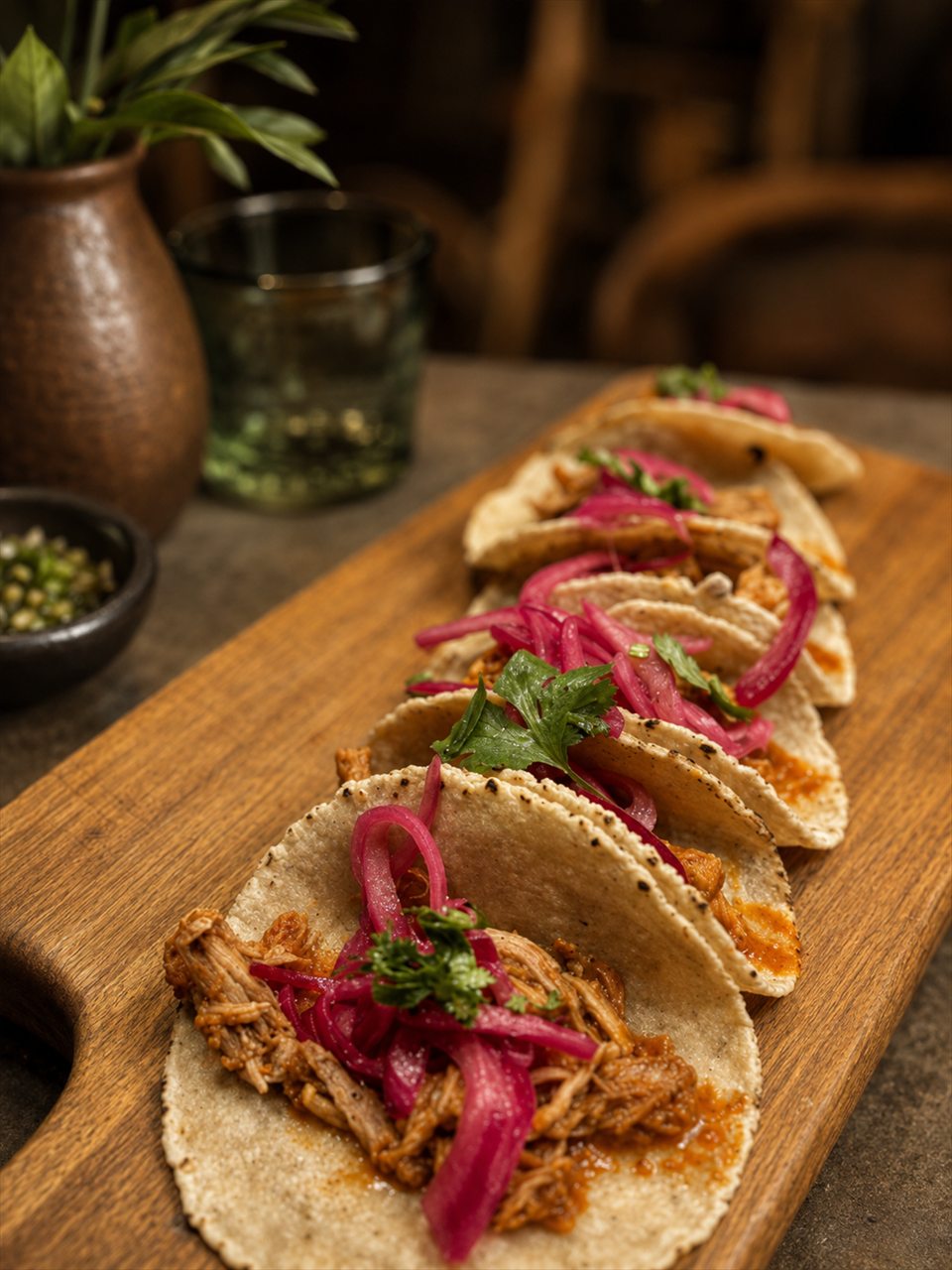 Tacos on a wooden board with handmade tortillas