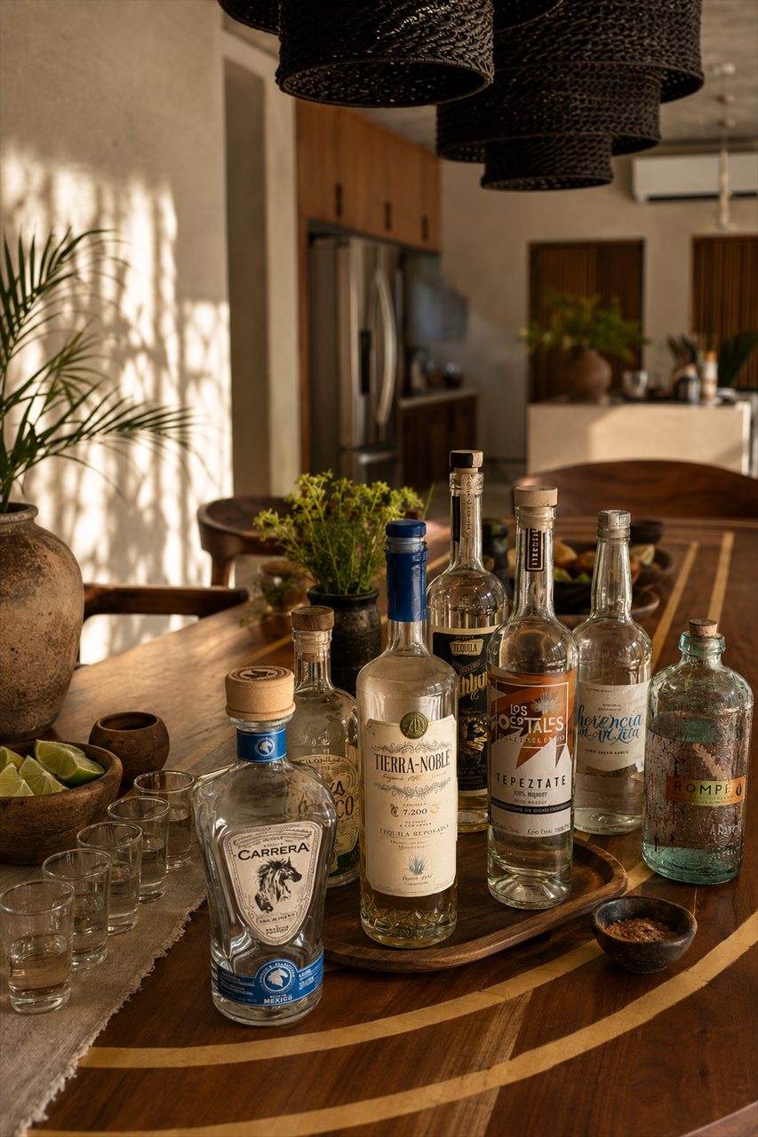 Mezcal and tequila bottles for the tasting